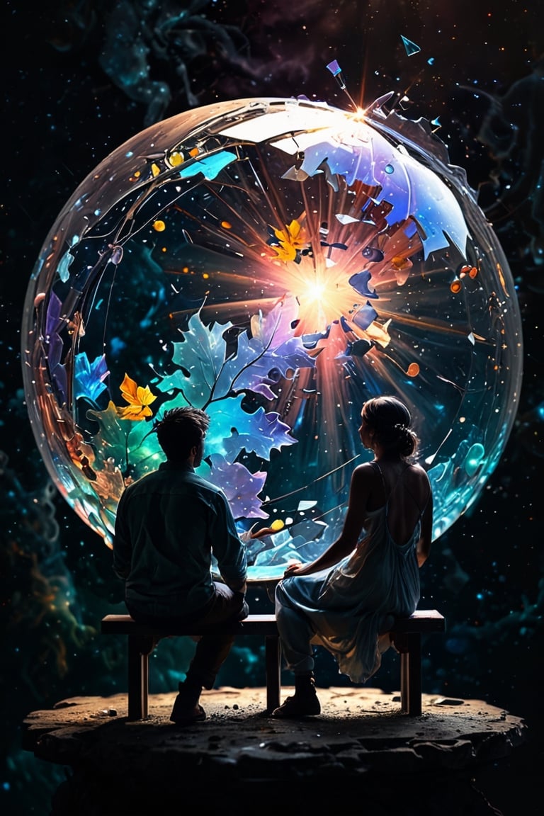 Multi layered, oil painting,lovers on a bench placed on a small globe observing the universe. Photo from the back, they as a contour, in the background nebula, stars, the milky way.

lovers on a bench placed on a smallMasterpiece, Detailed painting, cinematic, High image quality, 8k, complex background  ,Carne Griffiths, Josephine Wall Style, Alberto Seveso., Broken Glass effect, no background, stunning, something that even doesn't exist, mythical being, energy, molecular, textures, iridescent and luminescent scales, breathtaking beauty, pure perfection, divine presence, unforgettable, impressive, breathtaking beauty, Volumetric light, auras, rays, vivid colors reflects, Broken Glass effect, no background, stunning, something that even doesn't exist, mythical being, energy, molecular, textures, iridescent and luminescent scales, breathtaking beauty, pure perfection, divine presence, unforgettable, impressive, breathtaking beauty, Volumetric light, auras, rays, vivid colors reflects