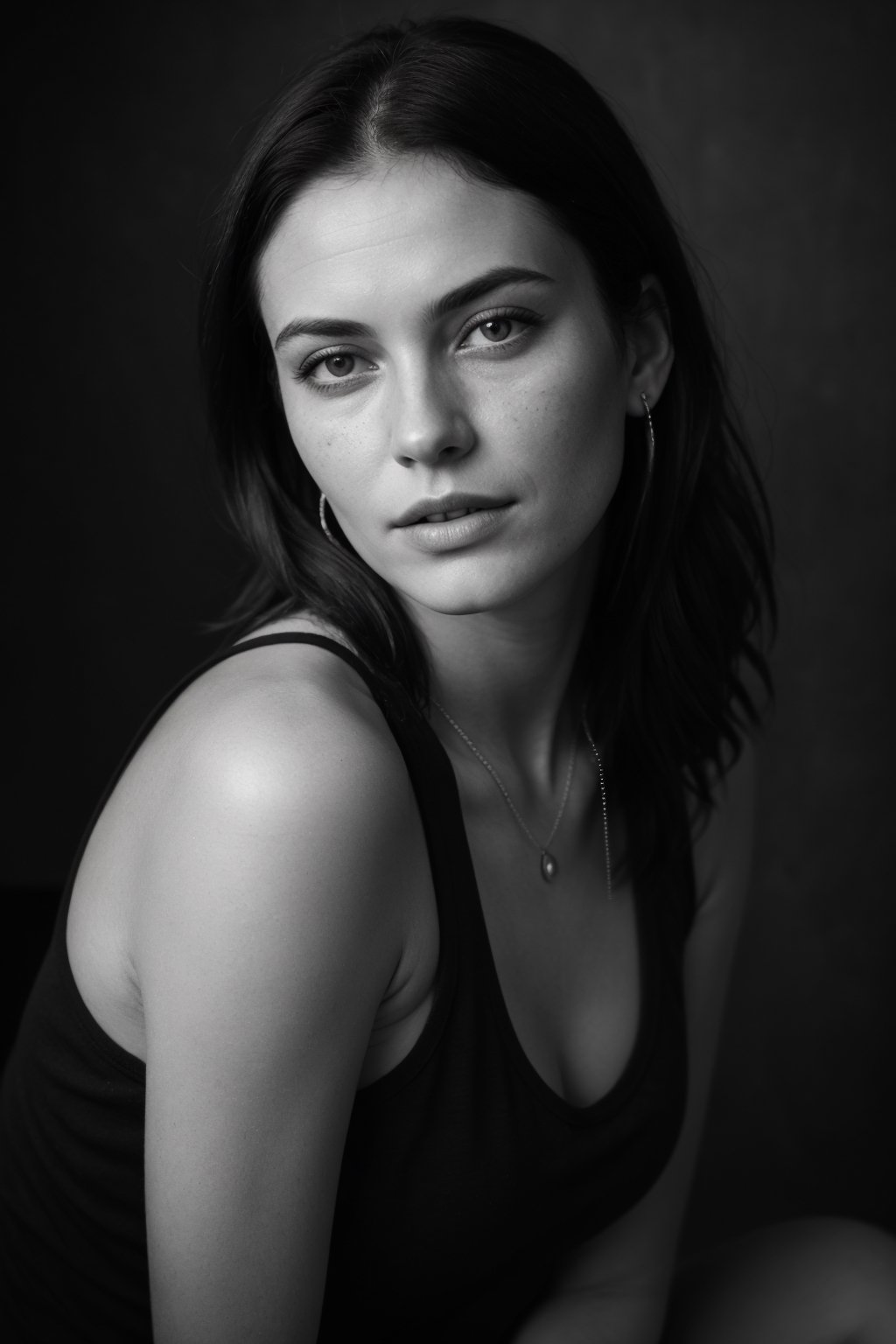 A professional portrait,  wide angle shot,  low key photo,  black and white,  half body shot,  white woman (20 years old),  looking down to the left,  scratch nipples,  serious,  arms to her shoulder,  she tilts her head,  she wears a sleeveless shirt and some necklaces,  studio shot,  indoor,  wooden dark background,  gritty look,  detailed image,  high resolution,  deteailed image,  skin wrinkles