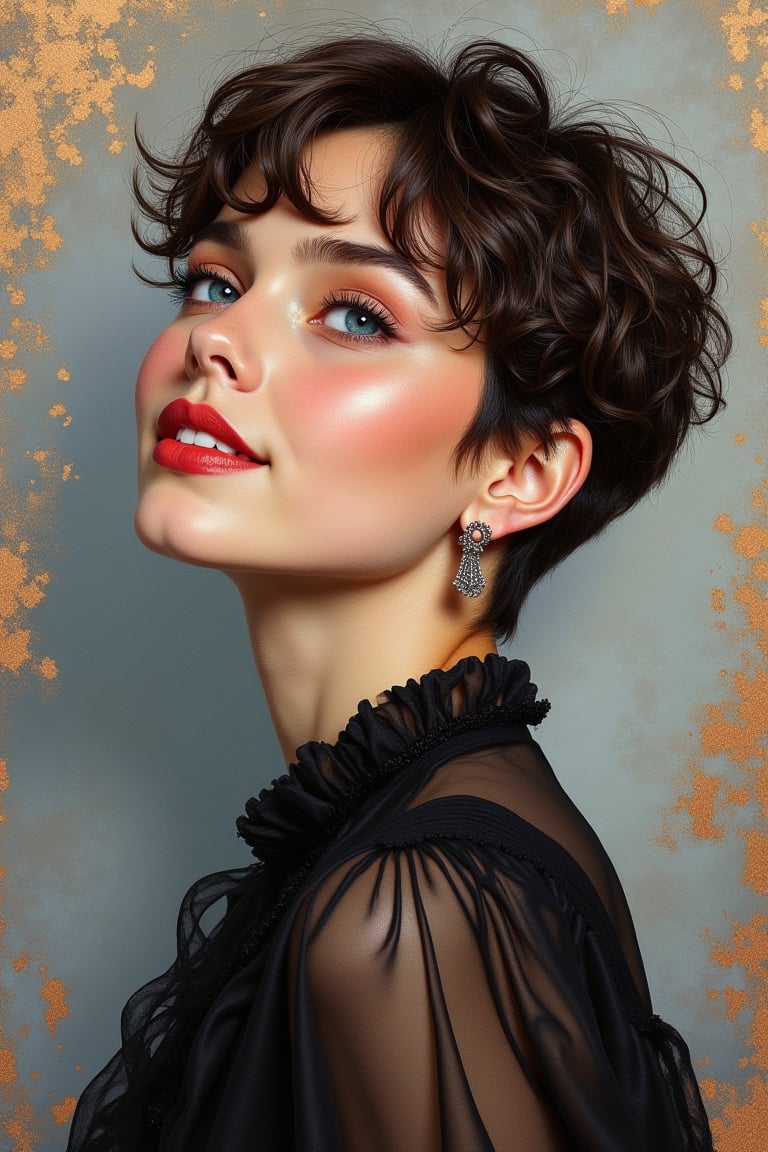 Oil Painting Art
Portrait of a young cute woman, sexy pixie hair cut, classy make-up, 
smile
Black edwardian transparent blouse, puff sleeves
soft and warm lightening
Elegant silver and copper background,Ink drawing of MOGLI, a charismatic girl embracing bohemian lifestyle, irises glisten like shimmering copper, lips subtly pursed, gaze directed skyward in a dreamy fashion, mane detailed with careless precision, features etched with laughter lines, radiating otherworldly charm, posture exudes liberation, capturing vivid expression of life, by Catr, detailed, vibrant, ink on textured paper, dramatic lighting,  Gorgeous, beautiful, multicolored hair, blue eyes, excentic, Ben Bauchau, Michael Garmash, Daniel F Gerhartz, Clint Cearley, Carne Griffiths, Jean Baptiste Monge, strybk style, warm dreamy lighting, matte background, volumetric lighting, pulp adventure style, fluid acrylic, dynamic gradients, bold color, illustration, highly detailed, simple, smooth and clean vector curves, vector art, smooth, johan grenier, character design, 3d shadowing, fanbox, cinematic, ornate motifs, elegant organic framing, hyperrealism, posterized, masterpiece collection, bright lush colors, TXAA, penumbra, alcohol paint, wet gouache, ultrarealistic, film grain, surreal, moody, ethereal fantasy, amazing depth, cinematic film still, sharp focus, (James Christensen),bohemian,Boho gypsy, Gustav Klimt, (Anne Bachelier:1.2), (Lillian Bassman, Erwin Blumenfeld),shabby chic,, 1920s retrofuturism, industrial, art deco, coherent, (Dieselpunk:1.3), sparkles, 

