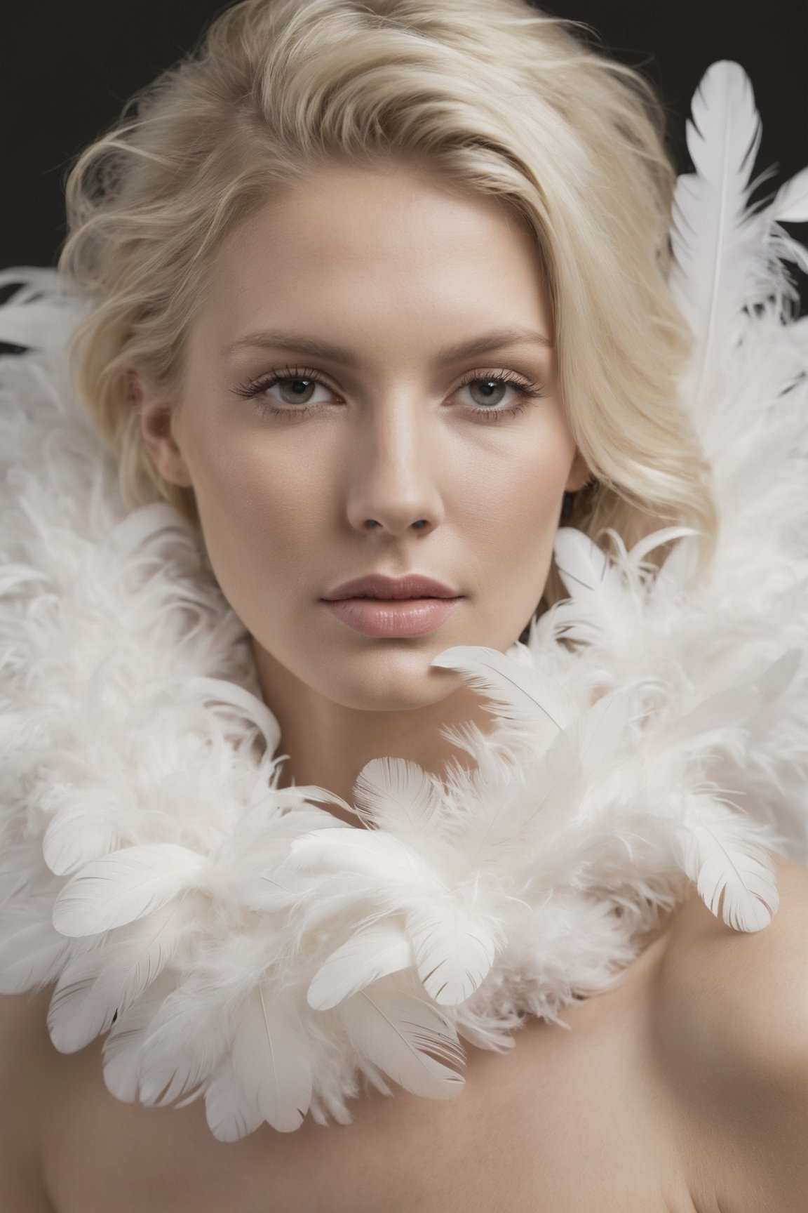 A portrait of a naked blonde woman with a white feather boa surrounding her face. High key lighting