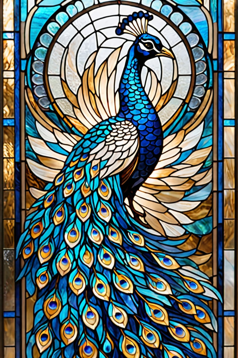 A stunning stained glass artwork of a peacock. The peacock, with its majestic tail feathers, is intricately designed with shades of blue, gold, and white. The background consists of intertwining patterns in varying shades of blue, creating an abstract representation of water or waves. The peacock's head and upper body are adorned with gold accents, and its eyes are dark, giving it a mysterious look. The artwork is beautifully crafted, with each piece of glass meticulously placed to create depth and dimension.