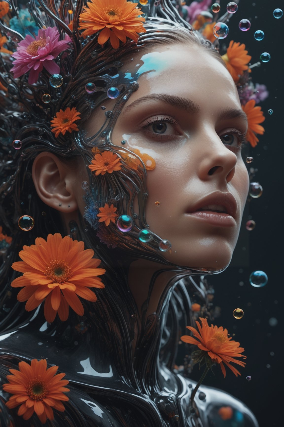 biomechanical style illustration beautiful woman, colorful melting human head. acrylic bubbles and flowers, ferrofluids, water distortions. looking up, intricate abstract. intricate artwork. beeple. blend of organic and mechanical elements, futuristic, cybernetic, detailed, intricate, dark theme, (in awe:1.2), confident, (surprised:0.7), natural skin, style of Stan Manoukian,


physically based unbiased rendering, natural lighting, soft shadows, extremely high-resolution details, photographic, realism pushed to extreme, fine texture, 4k,  ultra-detailed, high quality, high contrast,
,dripping paint