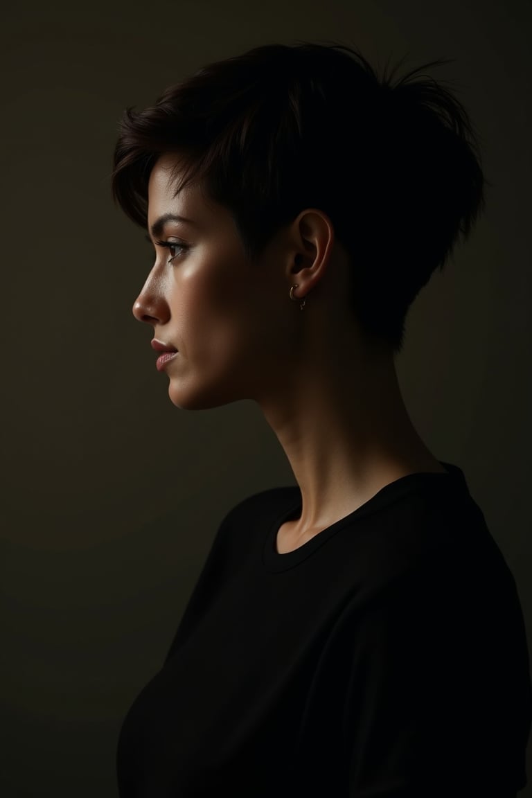 Portrait of a woman. sexy pixie hair cut, wearing a plain black t shirt,
(((Chiaroscuro soft shadows and lights top it off))) (((masterpiece,minimalist, hyperrealistic,photorealistic))) (((Chiaroscuro darkness light background))) (((masterpiece,minimalist,epic, hyperrealistic,photorealistic))) (((By Annie Leibovitz style, by caravaggio style)))


