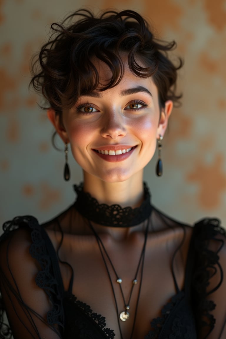 Photograph 
Portrait of a young cute woman, sexy pixie hair cut, classy make-up, 
smile
Black edwardian transparent blouse, puff sleeves
soft and warm lightening
Elegant silver and copper background, a charismatic girl embracing bohemian lifestyle, irises glisten like shimmering copper, lips subtly pursed, gaze directed skyward in a dreamy fashion, mane detailed with careless precision, features etched with laughter lines, radiating otherworldly charm, posture exudes liberation, capturing vivid expression of life, by Catr, detailed, vibrant, ink on textured paper, dramatic lighting,  Gorgeous, beautiful, warm dreamy lighting, matte background, volumetric lighting, dynamic gradients, bold color, highly detailed, character design, 3d shadowing, fanbox, cinematic

