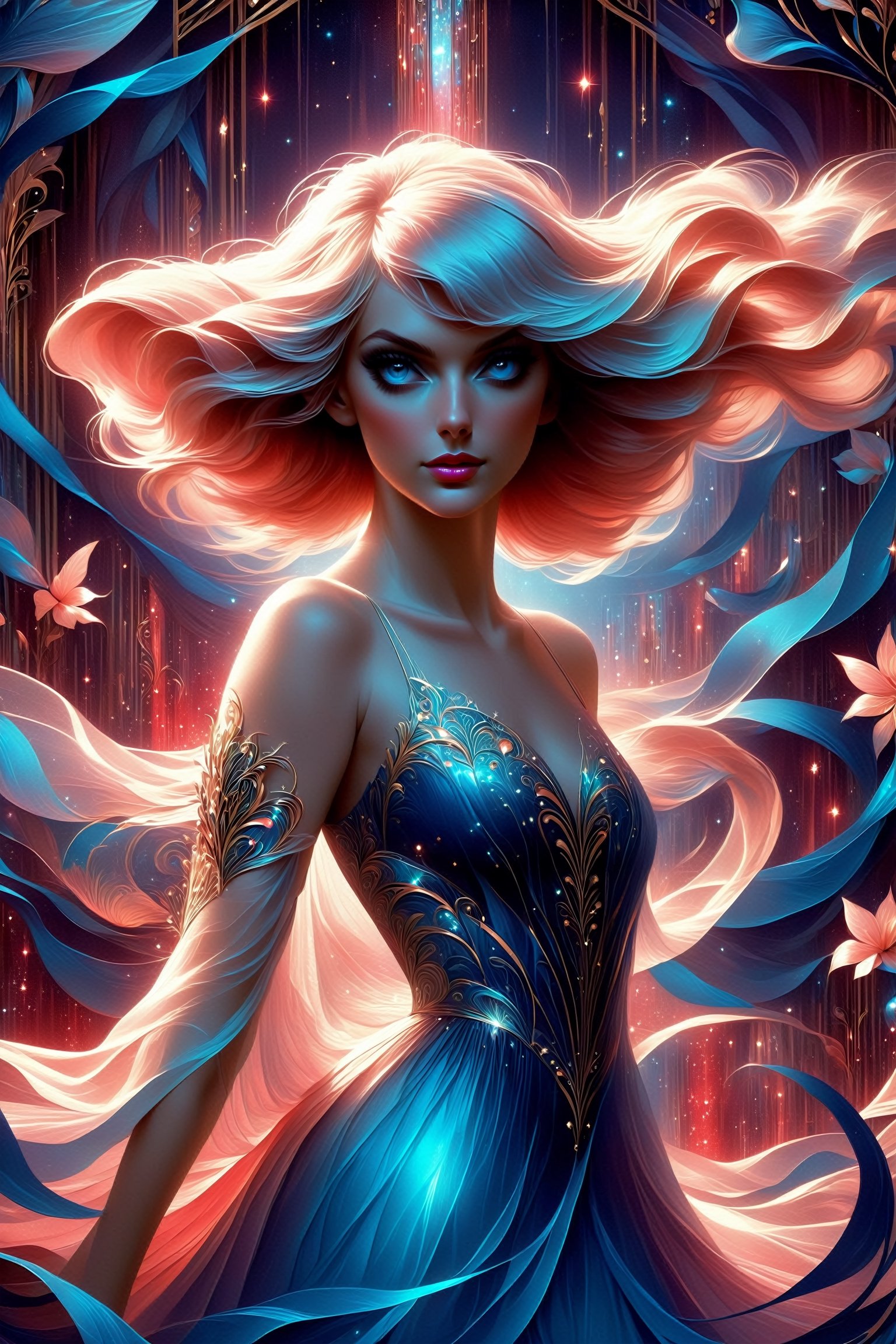 Subject: Taylor Swift
Action: Striding confidently
Context: Glamorous event setting
Setting: Red carpet venue
Light Source: Spotlights highlighting the subject
Artist: Alice X. Zhang
Style: Romanticism art nouveau combined with epic fantasy elements
Medium: Digital art
Category: Ultra-realistic celebrity portraiture with erotic art undertones
Color Palette: Mesmerizing blues, glowing accents, dramatic contrast
Digital Graphics: Octane render with art nouveau flourishes
Resolution: 16K high-resolution
Additional elements: Depth of field enhanced, AI art brilliance accentuated


Positive Prompt:
((top-notch quality)), ((masterwork)), ((true-to-life)), Taylor Swift, striding confidently, glamorous event setting, red carpet venue, spotlights highlighting, Alice X. Zhang, romanticism combined with art nouveau and epic fantasy, digital art, ultra-realistic portraiture with subtle erotic undertones, mesmerizing blues with glowing accents and dramatic contrast, octane render with art nouveau touches, 16K resolution, depth of field amplified, AI art brilliance intensified, at eye level, picturesque, masterwork