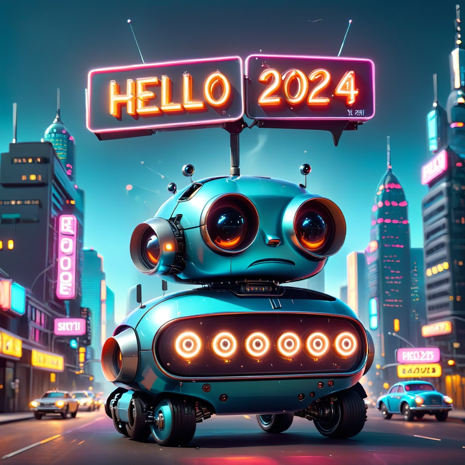 AiArtV, A split-screen postcard design featuring two contrasting bot characters, one representing the past and one representing the future. On the left side, an older style bot character with a metallic body, a round head, and a single eye, (((holding a sign that says "Goodbye 2023" in a retro font))). The background is a sepia-toned cityscape with old-fashioned buildings and cars. On the right side, a (((futuristic bot character with a sleek body, a rectangular head, and multiple eyes, holding a sign that says "Hello 2024" in a futuristic font))). The background is a neon-lit cityscape with flying cars and skyscrapers.