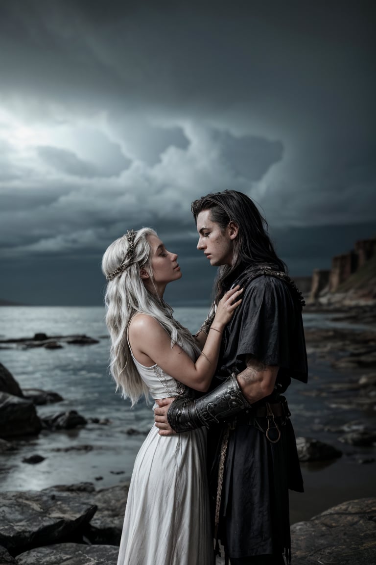 A ghostly shipwrecked on a desolate rocky coastline, weathered hull creaking in the stormy sky's eerie light. A young girl in ancient white attire, eyes closed, cradled by the demon king's black spiky armor. His skull-like visage glows with an otherworldly aura. The atmosphere is haunting, with dry brushstrokes adding texture to the forsaken scene.