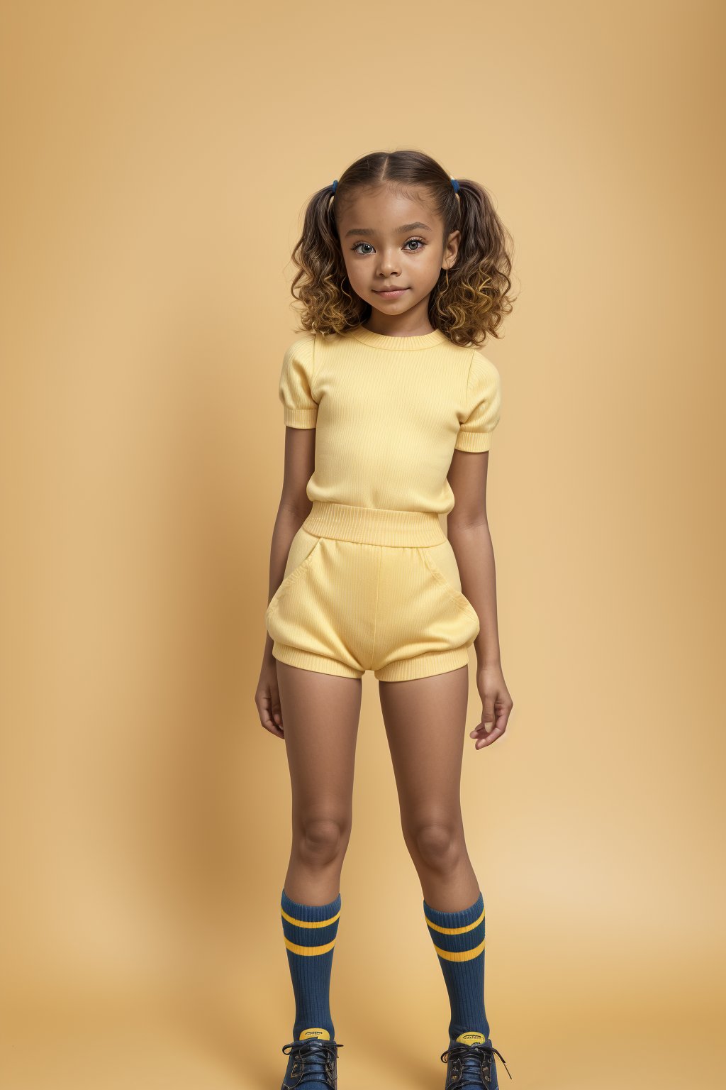 A young girl, around 11 years old, with a petite build and a mini-style, stands in alluring pose and the legs are slightly open. childish colorful wear with thigh high socks, looking down with a mixture of curiosity and embarrassment against a bright yellow background.(bright yellow background)