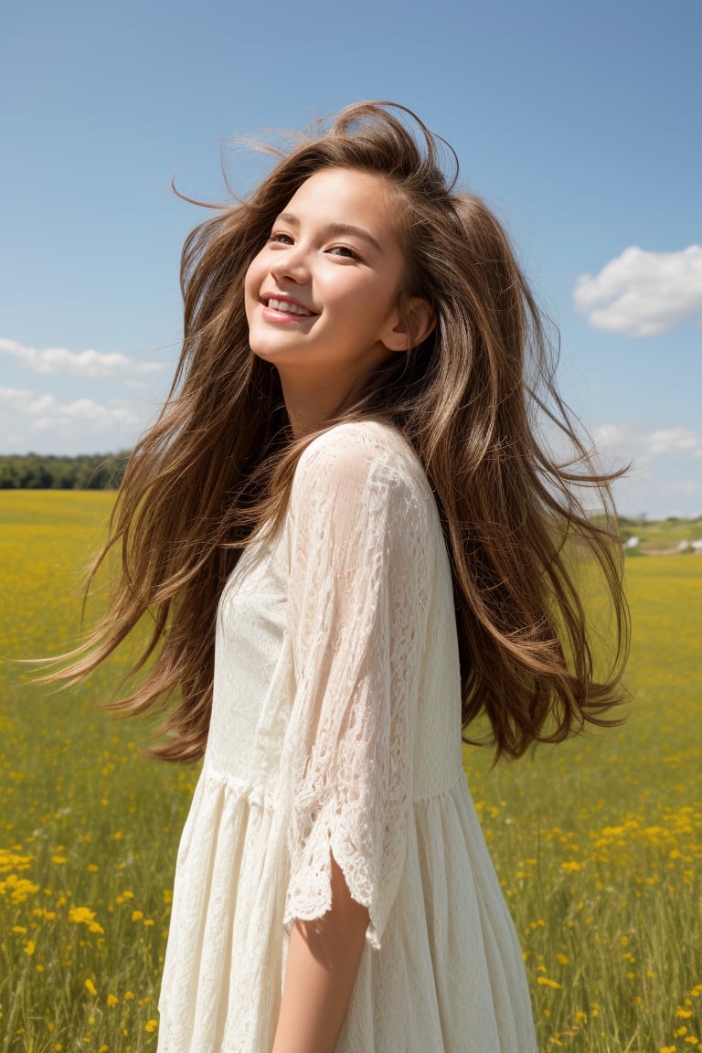 A preteen dream, a tween girl with an alluring charm, posing in a sunny meadow, her petite frame and sweet smile drawing the viewer's gaze. Her well-formed body is highlighted by a gentle breeze rustling her hair as she gazes off into the distance, exuding innocence and curiosity.