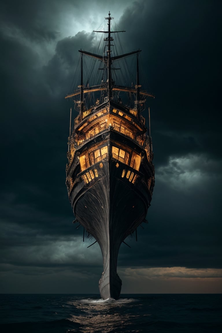 In the eerie twilight realm, a ghostly shipwreck lies stranded on the foreboding coastline. The massive vessel's weathered hull, rendered in dry brush strokes, seems to writhe from the desolate landscape like a skeletal creature. A tempestuous sky above casts an ominous glow, as if the very heavens themselves are shrouded in darkness.

Within this foreboding scene, a demonic king cradles a radiant young girl in his arms, her exquisite features bathed in an otherworldly light. Her delicate skin glows with a soft luminescence, set against the demon's black spiky armor and skull-like visage. The air is heavy with mystery as they stand amidst the twisted, organic forms that intertwine with mechanical elements.

The composition is masterfully balanced, with the shipwreck serving as a macabre throne for the demonic king. The colors blend in a cinematic palette of teal, red, black, and orange, with muted tones that evoke a sense of eternal twilight. As the scene unfolds, it's clear that this is a realm where darkness reigns supreme, and only the most unsettling and surreal art can capture its essence.