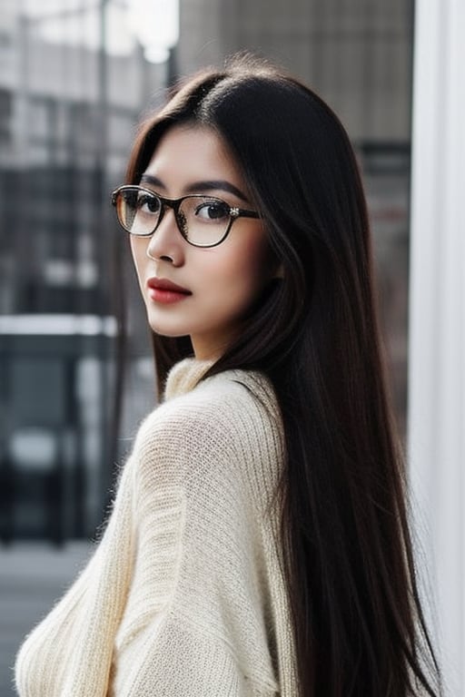 A confident Asian beauty stands in profile against the vibrant Hollywood Boulevard backdrop, warm light emphasizing her dark skin and curvaceous physique. She gazes right, long brown hair framing her features as glasses perch on her face. Her hands grasp her knees, leaning forward with toned legs and high heels prominent beneath a white sweater and leather skirt. The warm glow of underground lights enhances her stunning beauty.