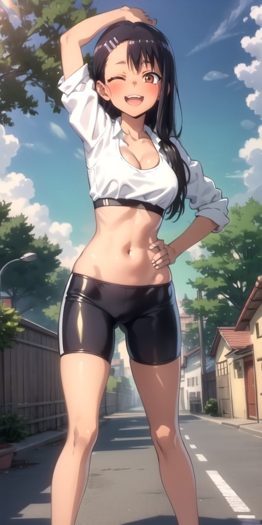 nagatoro-5000, 1girl, ;d, alternate hairstyle, arm up, asymmetrical bangs, bangs, bike shorts, blue sky, blush, breasts, cleavage, cloud, day, groin, hand on hip, house, long hair, looking at viewer, midriff, navel, one eye closed, open mouth, outdoors, ponytail, shorts, sky, smile, solo, sports bra, tree
