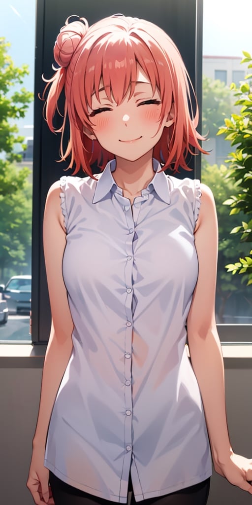 best quality, masterpiece, highres, solo, (yuigahama_yui_yahariorenoseishunlovecomewamachigatteiru:1.15), short_hair, pink_hair, hair_bun, single_hair_bun, blush, 1girl, bangs, shirt, sleeveless, closed_mouth, smile, closed_eyes, upper_body, collared_shirt