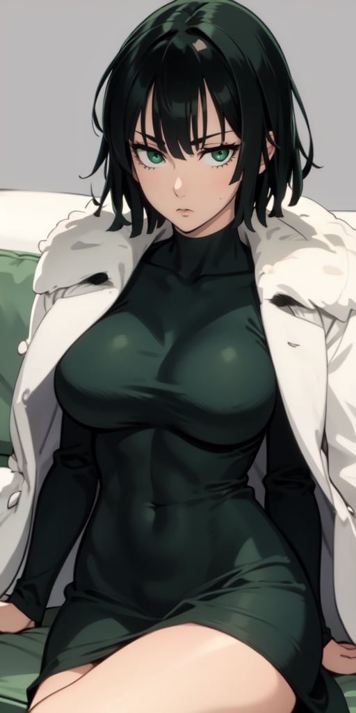 1girl, fubuki, solo, green eyes, short hair, cowboy shot, dress, fur trim, jewelry, sitting, spread legs, on sofa, expressionless, , simple background, thick thighs
,FubukiOPM