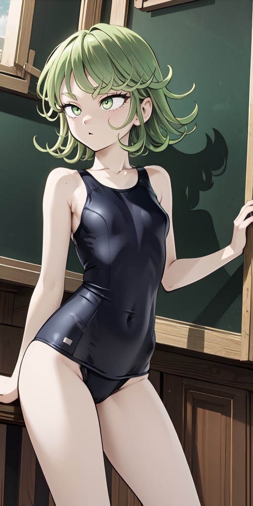 masterpiece,best quality,official art,extremely detailed CG unity 8k wallpaper,,solo , ,mogudan, school swimsuit, tatsumaki, green hair, green eyes,