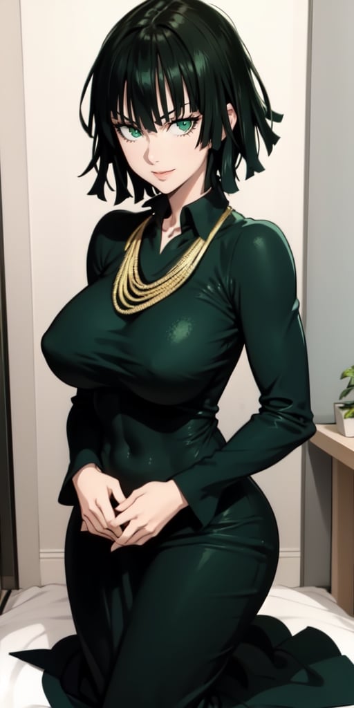 fubuki\(one punch man\),1girl,solo, large breasts, green eyes, black hair,portrait, taut clothes, taut dress, necklace, looking at viewer, mature female,, full-body_portrait, smile
