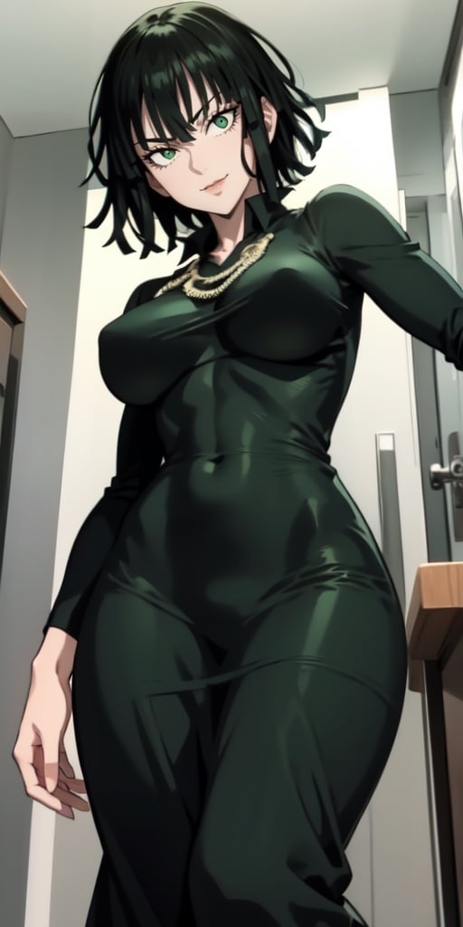 fubuki\(one punch man\),1girl,solo, large breasts, green eyes, black hair,portrait, taut clothes, taut dress, necklace, looking at viewer, mature female, portrait, (from below: 1.2), smile
