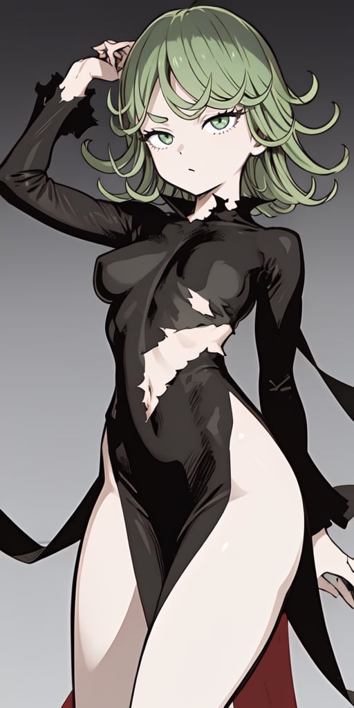 iom, 1girl, green hair, green eyes, long sleeves, dress, side slit, pelvic curtain, torn clothes, tatsumaki