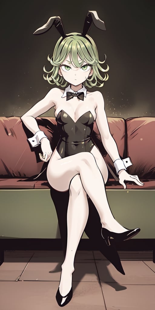 masterpiece,best quality,1girl,tatsumaki,green hair,green eyes,playboy bunny,sitting,crossed legs,stage,,