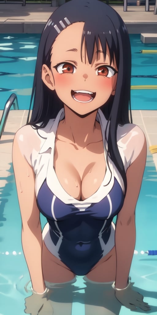 masterpiece, best quality, highres, one-piece swimsuit, wet, partially submerged, water, poolside, smile, open mouth,, nagatoro hayase,  cleavage, small breasts,