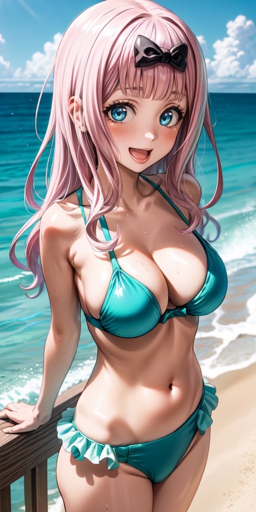 best quality, (masterpiece:1.2), detailed, , fujiwara chika (kaguya-sama), 1girl, solo, open mouth, smile, pink hair, blue eyes, long hair, hair bow, frilled bikini, aqua bikini, standing, looking at the viewer, beach, water, cloud, upper body
