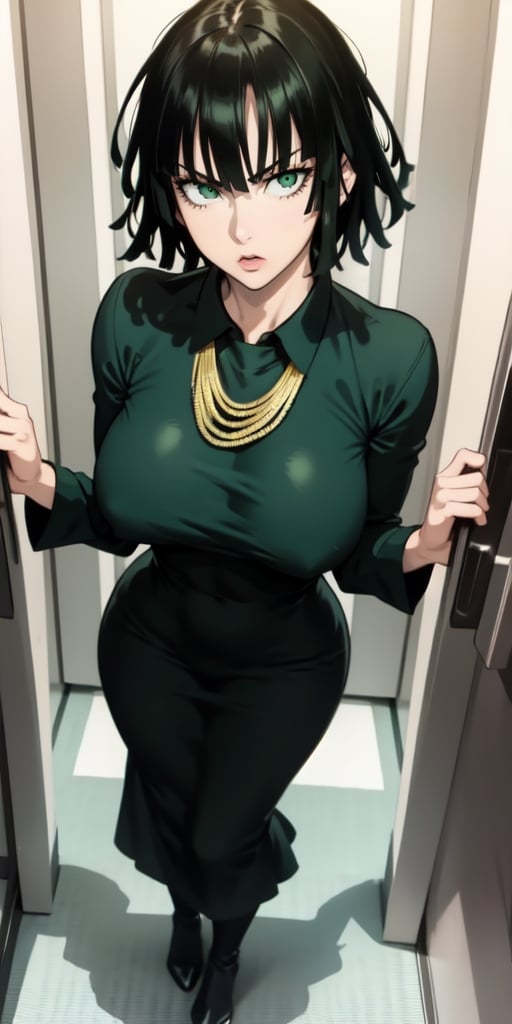 fubuki\(one punch man\),1girl,solo, large breasts, green eyes, black hair,portrait, taut clothes, taut dress, necklace, looking at viewer, mature female,, full-body_portrait
