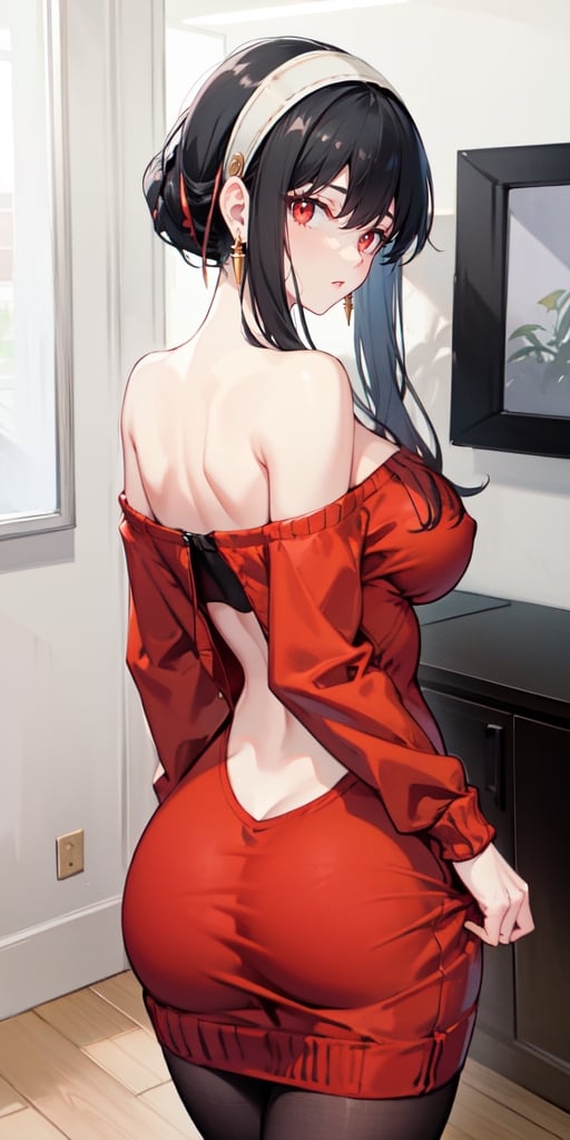 masterpiece, best quality, highres, bbyorf, short hair with long locks, white hairband, red eyes, gold earrings, large breasts, jewelry, off shoulder, red sweater, sweater dress, long sleeves, black pantyhose, , indoors, back focus, back cutout, butt crack, looking at viewer, nsfw,
,round ass