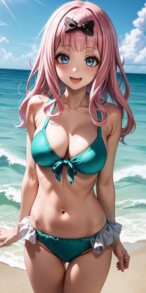 best quality, (masterpiece:1.2), detailed, , fujiwara chika (kaguya-sama), 1girl, solo, open mouth, smile, pink hair, blue eyes, long hair, hair bow, frilled bikini, aqua bikini, standing, looking at the viewer, beach, water, cloud, upper body
