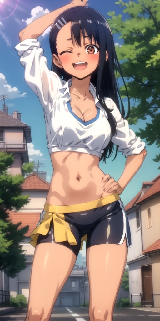 nagatoro-5000, 1girl, ;d, alternate hairstyle, arm up, asymmetrical bangs, bangs, bike shorts, blue sky, blush, breasts, cleavage, cloud, day, groin, hand on hip, house, long hair, looking at viewer, midriff, navel, one eye closed, open mouth, outdoors, ponytail, shorts, sky, smile, solo, sports bra, tree
