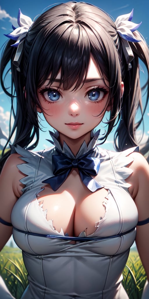 masterpiece, best quality, long eyelashes, eyeliner, eyeshadow, mascara, colorful, pink lips, deep skin, looking at viewer, upper body, curvy, hestia (danmachi), 1girl, breasts, solo, long hair, blue ribbon, twintails, gloves, ribbon, dress, rei no himo, large breasts, blue eyes, black hair, white gloves, cleavage, white dress, looking at viewer, light smile, closed mouth, hair ribbon, bow, sleeveless, sleeveless dress, bangs, blush, cleavage cutout, hair ornament, bowtie, clothing cutout, very long hair, covered navel, arm ribbon, shiny skin, outdoors, grassy fields, blue sky, cloudy sky, tight, taut dress, breast focus, upper body, (masterpiece:1.47746), (highly_detailed:1.05), (highres:1.05), ultra detailed, 100-layers, extremely detailed, intricate, absurdres, small details, ultra detailed, detailed eyes, (intricate details, volumetric lighting, cinematic lighting, award-winning, macro vivid colors, rule of thirds, majestic, detailed, elegant), colorful, realistic lighting, breasts hold
