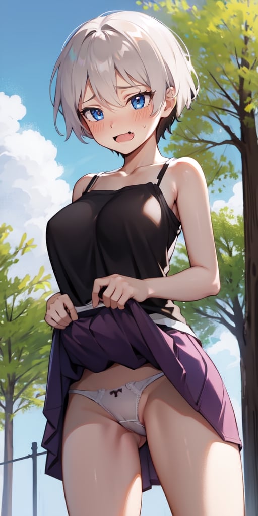 masterpiece, best quality, highres, uh1, camisole, skirt, fang, , outdoors, embarrassed, blush, (skirt lift:1.3), pantyshot, panties, thong
