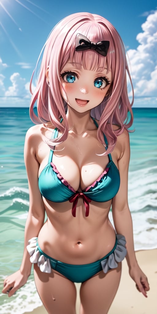 best quality, (masterpiece:1.2), detailed, , fujiwara chika (kaguya-sama), 1girl, solo, open mouth, smile, pink hair, blue eyes, long hair, hair bow, frilled bikini, aqua bikini, standing, looking at the viewer, beach, water, cloud, upper body
