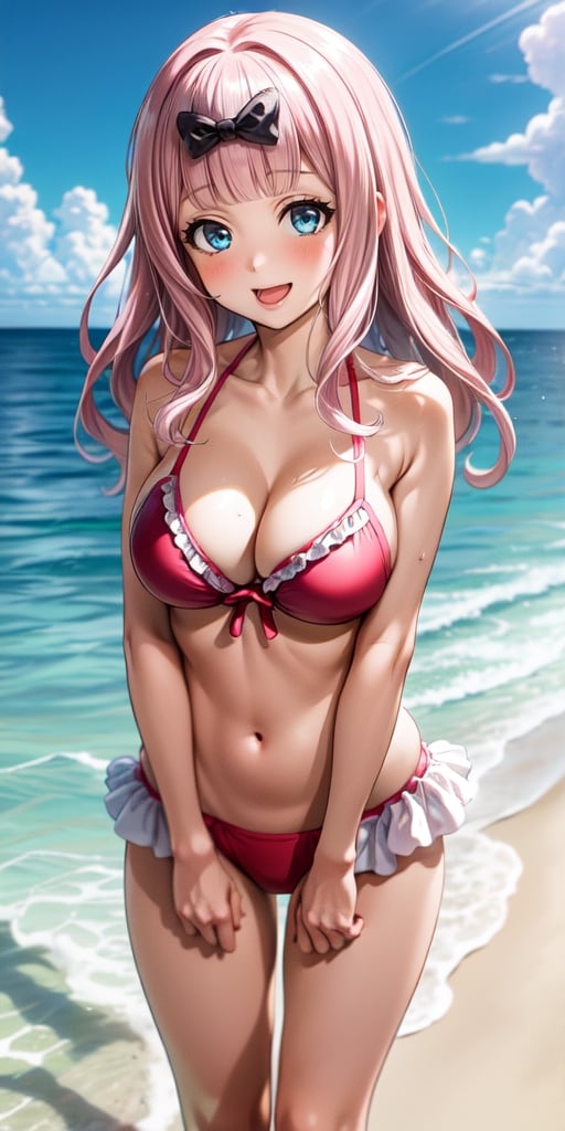 best quality, (masterpiece:1.2), detailed, , fujiwara chika (kaguya-sama), 1girl, solo, open mouth, smile, pink hair, blue eyes, long hair, hair bow, frilled bikini, aqua bikini, standing, looking at the viewer, beach, water, cloud, upper body
