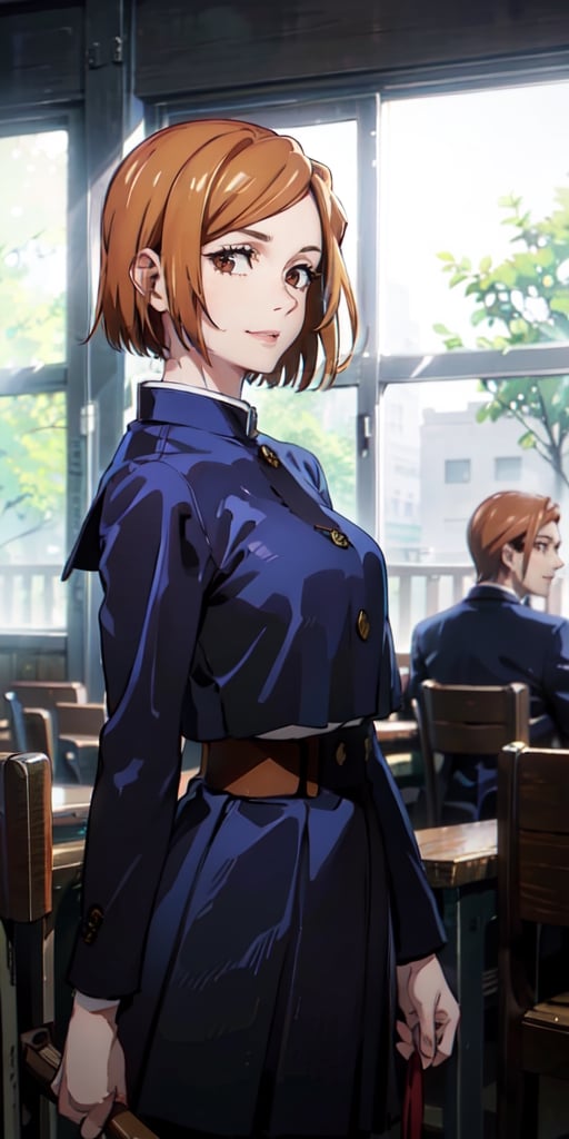 ((best quality)), ((highly detailed)), masterpiece, ((official art)), detailed face, beautiful face, (detailed eyes, deep eyes), (cowboy shot), nobara kugisaki, brown eyes, jujutsu kaisen, school uniform, blue jacket, blue skirt, brown belt, pantyhose, evil smile, scenery, indoors, window, intricately detailed, hyperdetailed, blurry background, depth of field, best quality, masterpiece, intricate details, tonemapping, sharp focus, hyper detailed, trending on Artstation, 1 girl, high res, official art, ,nobara kugisaki, portrait,SAM YANG