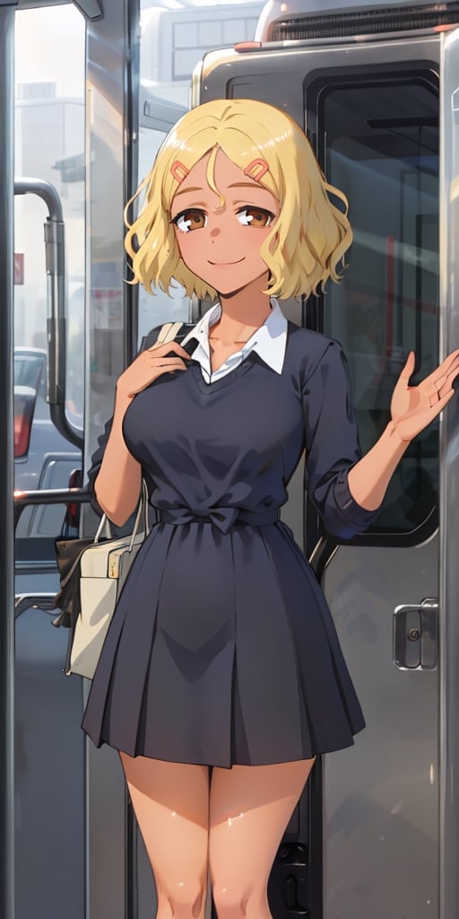 best quality, (masterpiece: 1.2), detailed, perfect face, beautiful face, Sakura, blonde hair, 1 girl, hair ornament, smile, alone, hairpin, short hair, brown eyes, dark skin, ((female body perfect)),  1girl, against glass, medium breasts, overflow, breasts on glass, hand up, school uniform, train interior

