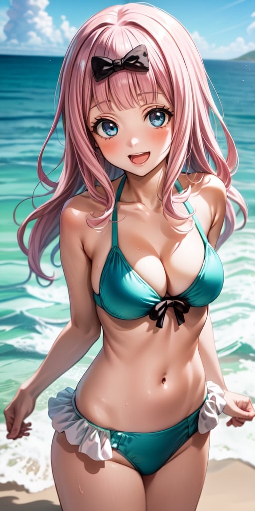 best quality, (masterpiece:1.2), detailed, , fujiwara chika (kaguya-sama), 1girl, solo, open mouth, smile, pink hair, blue eyes, long hair, hair bow, frilled bikini, aqua bikini, standing, looking at the viewer, beach, water, cloud, upper body
