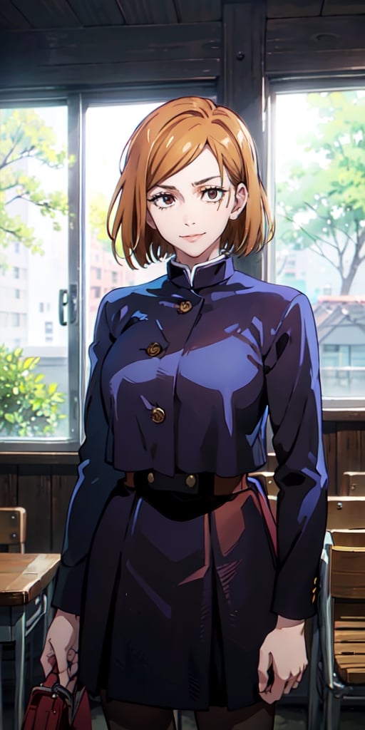 ((best quality)), ((highly detailed)), masterpiece, ((official art)), detailed face, beautiful face, (detailed eyes, deep eyes), (cowboy shot), nobara kugisaki, brown eyes, jujutsu kaisen, school uniform, blue jacket, blue skirt, brown belt, pantyhose, evil smile, scenery, indoors, window, intricately detailed, hyperdetailed, blurry background, depth of field, best quality, masterpiece, intricate details, tonemapping, sharp focus, hyper detailed, trending on Artstation, 1 girl, high res, official art, ,nobara kugisaki, portrait,SAM YANG