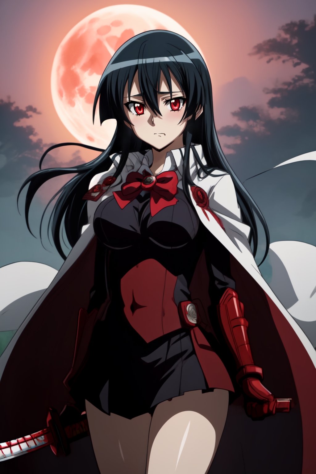 akame (akame ga kill) katana genshin impact style Red bowtie, long black hair, perfect legs, perfect arms, shirt with red stripes all over it, Big tits, gloves, elegant red gloves white cape brave red gloves long sleeves perfect hand, perfect eyes, perfect legs, Pieces of silver armor and a white cape black hair White cape 1 girl, akame (akame ga kill) katana, akame (akame ga kill) White rain cape and blood moon, 1girl,akame (akame ga kill)