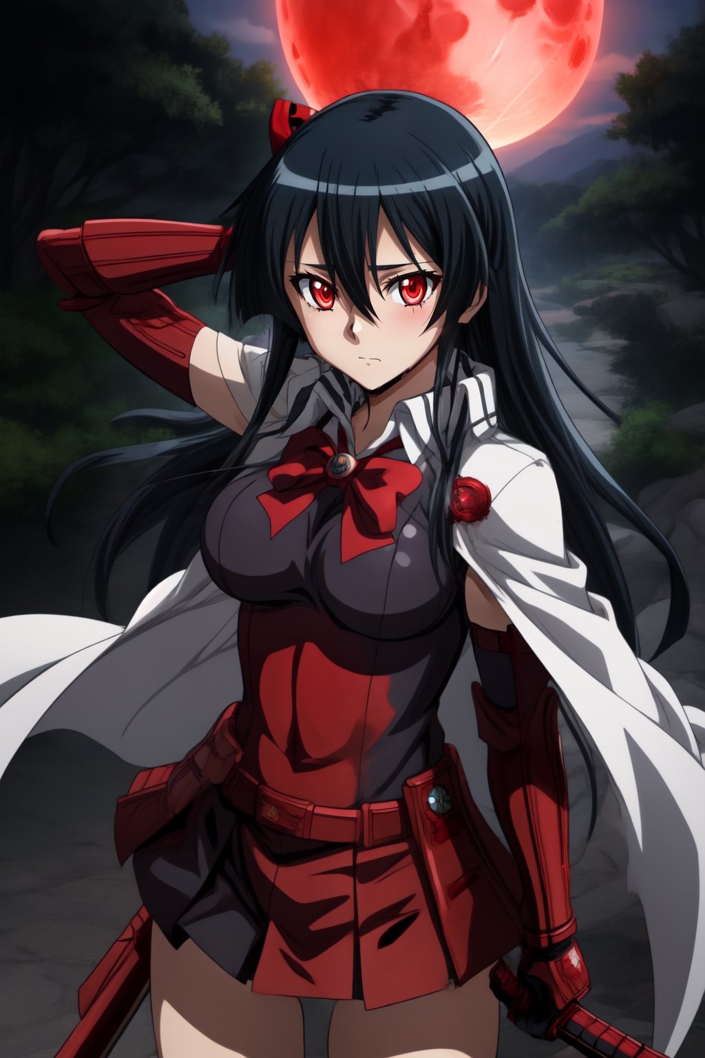 akame (akame ga kill) katana genshin impact style Red bowtie, long black hair, perfect legs, perfect arms, shirt with red stripes all over it, Big tits, gloves, elegant red gloves white cape brave red gloves long sleeves perfect hand, perfect eyes, perfect legs, Pieces of silver armor and a white cape black hair White cape 1 girl, akame (akame ga kill) katana, akame (akame ga kill) White rain cape and blood moon, 1girl,akame (akame ga kill)