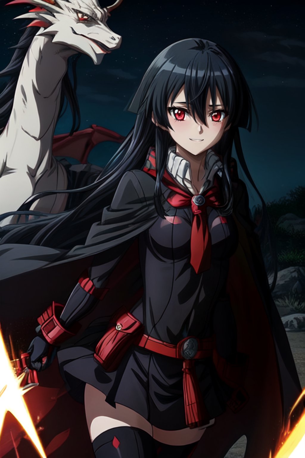 Akame (Akame ga Kill)Genshin impact night sky style Genshin impact night sky style, cloak armor bits ,cloak smile quality dragon symbol on chest both arms long black hair long black hair 