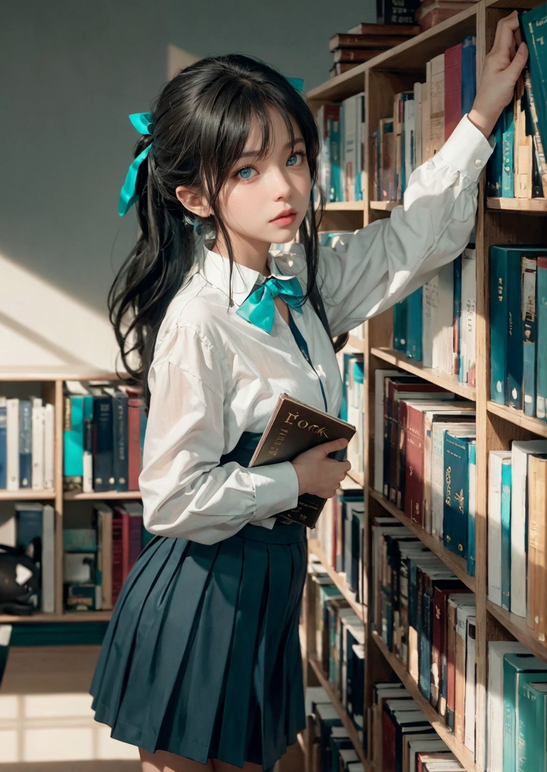  8k hdr, award-winning, artstation trending, sharp focus, vivid, high contrast, cinematic lighting, dramatic atmosphere, atmospheric perspective, film grain, looking at viewer, (detailed face:1.2), closeup, detailed eyes,A girl with long black hair, ponytail, white shirt, aqua blue bowknot, aqua blue pleated skirt, holding a book in her right hand, raising her left hand high to take down the book on the bookcase, looking at the screen, library background, bookcase,
