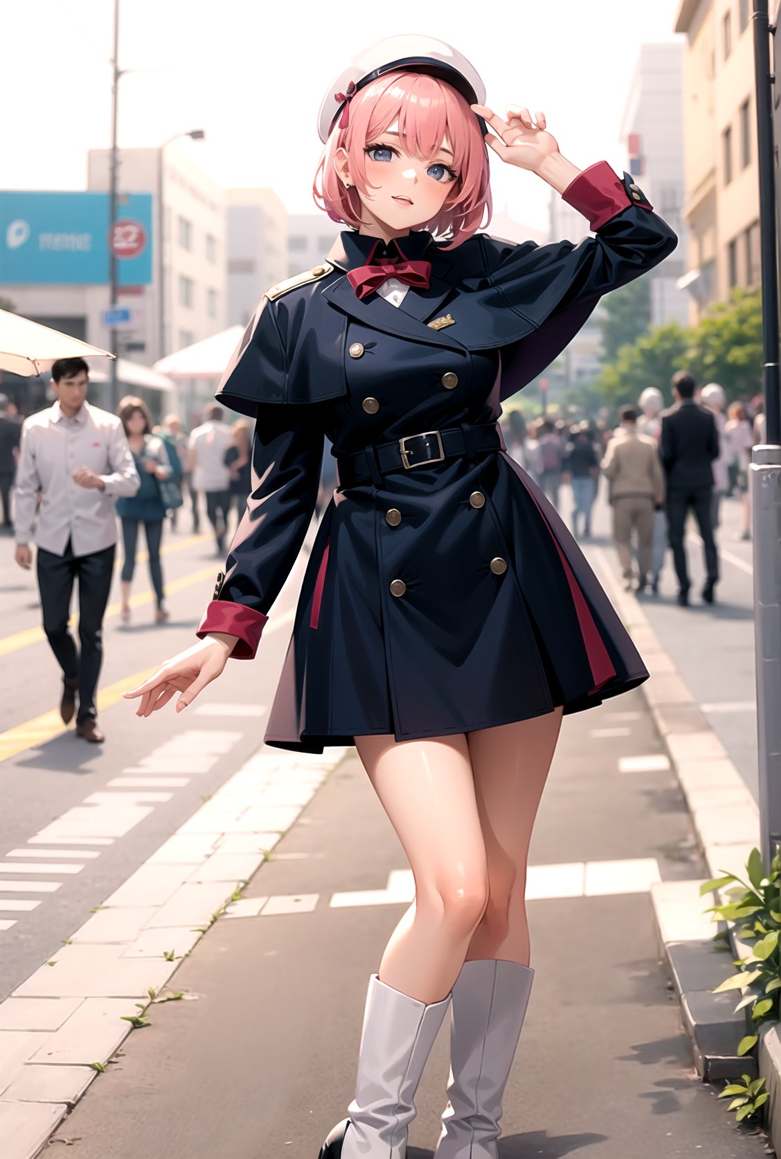 A girl with a short navy blue dress, short pink hair, a hat, riding boots, a good figure, a jacket, and high heels, looking at the screen.