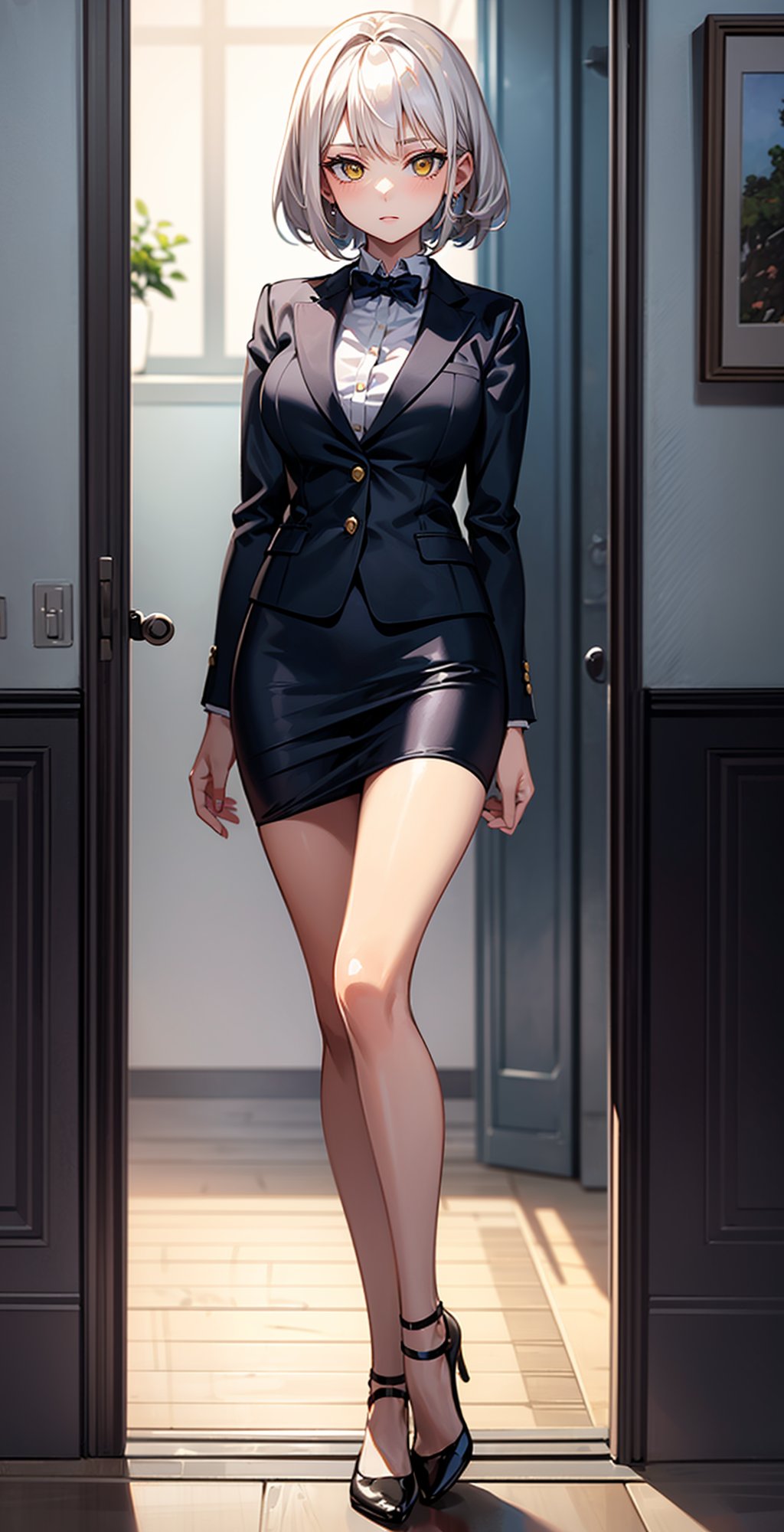 ((best quality)), ((masterpiece)), ((best illustration)), ((anime artwork)), full_body, Picture a girl with endearing platinum hair and captivating yellow eyes,platinum hair, her fair skin a delicate canvas. She wears business suit,pencil skirt