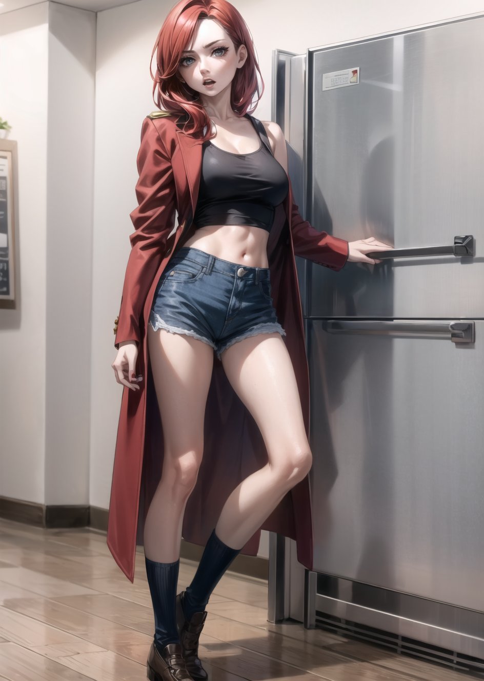 karen gillan,red hair,denim shorts,long grey blazer,Black Sleeveless Low Cut Tank Top
