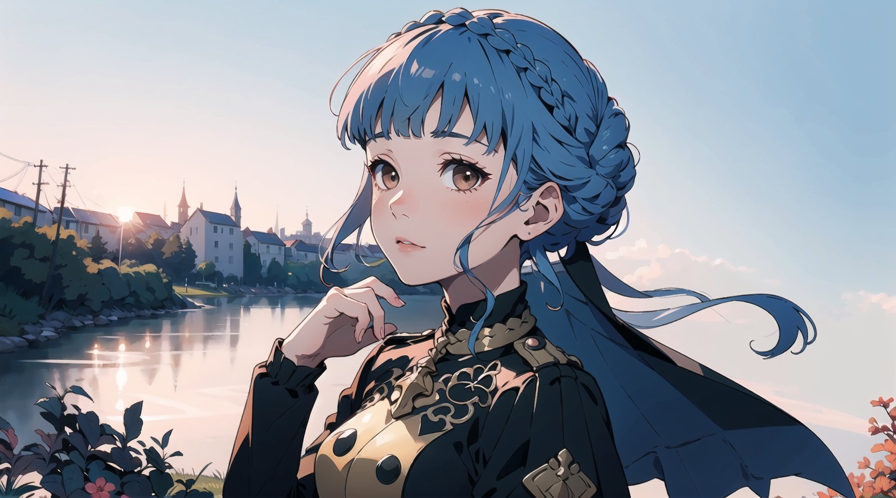 marianne_von_edmund, 1girl, blue hair, solo, braid, brown eyes, crown braid, long sleeves, garreg mach monastery uniform, simple background, expressionless, facing viewer  standing, ,fate/stay background,three_sided_view