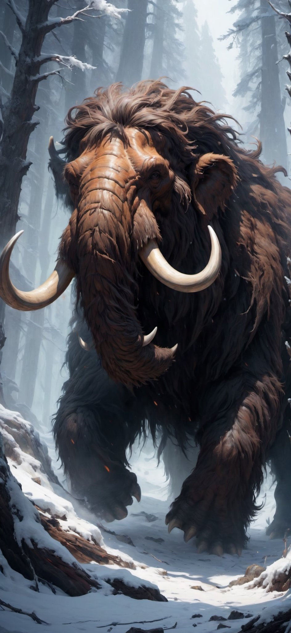 giant wooly mammoth, roaring with rage, (wondering through snowy forest), sprinting, torn flesh, tattered clothes, fantasy magic, undercut hairstyle, dark light night, intricate, elegant, sharp focus, illustration, highly detailed, digital painting, concept art, matte, art by wlop and artgerm and greg rutkowski and alphonse mucha, masterpiece, monster