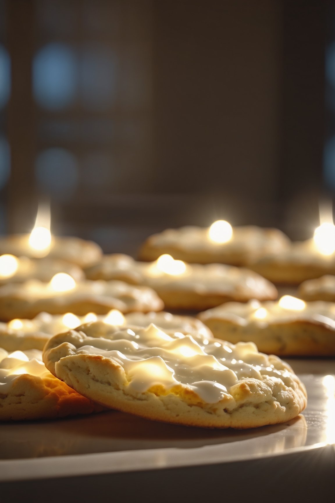 Delicious glowing white chocolate chip cookies on a dining table in the kitchen, comfortable light ,romantic light, ultra details ,photorealistic, realistic ,gel lighting, Cinematic, Filmic, medium shot, 4k, Front-light, Cinematic Lighting, volumetric Light, Ray Tracing Reflections, Chromatic Aberration, photography, hyper realistic, 4k, 8k,closeup 
