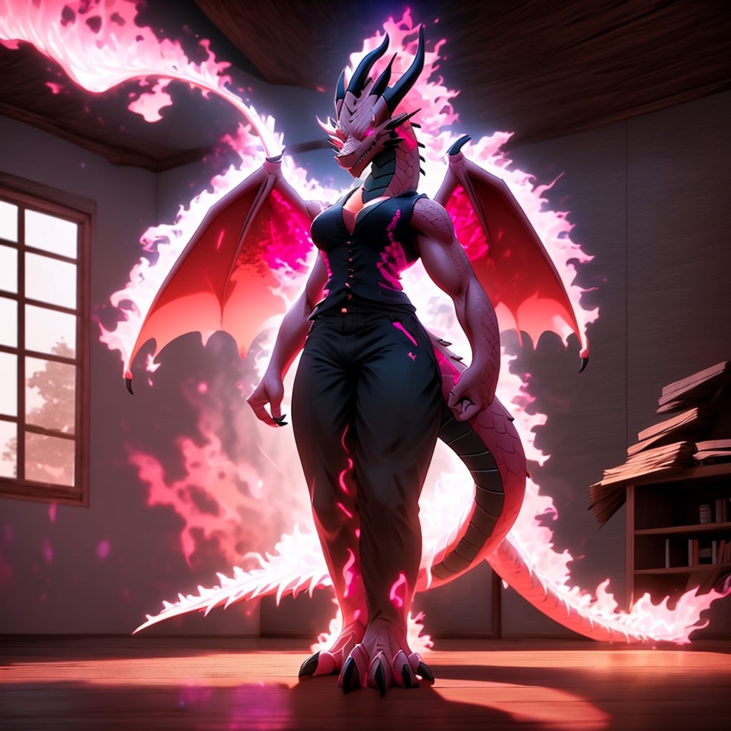 masterpiece, \(high, top, insane, extreme, perfect, Professional\)_\(quality, resolution, details, Image_sharpness\), intricate, high_\(quality_textures, resolution_textures\), absurdres, sharp details, award_winning, realistic, 8k, dragon, anthro, female, pink_scales, living_room, flying_debris, (pink_aura:1.2), aura, (light pink theme:1.2), r1ge, huge purple fire aura, blue_eyes, dragon_(western), (tall:1.8), (long_neck:1.4), dragon_tail, dragon_wings, pink_horns, pink_back, (red_vest:1.2), white_shirt, pink_skin, standing_up, tiny_breasts, 