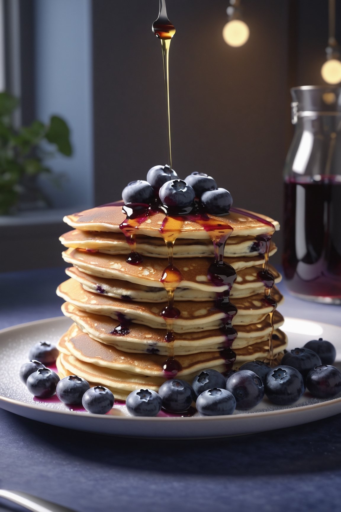 Delicious plate of tall blueberry pancakes on a dining table in the kitchen, syrup on pancakes, comfortable light ,romantic light, ultra details ,photorealistic, realistic ,gel lighting, Cinematic, Filmic, medium shot, 4k, Front-light, Cinematic Lighting, volumetric Light, Ray Tracing Reflections, Chromatic Aberration, photography, hyper realistic, 4k, 8k,closeup , 
