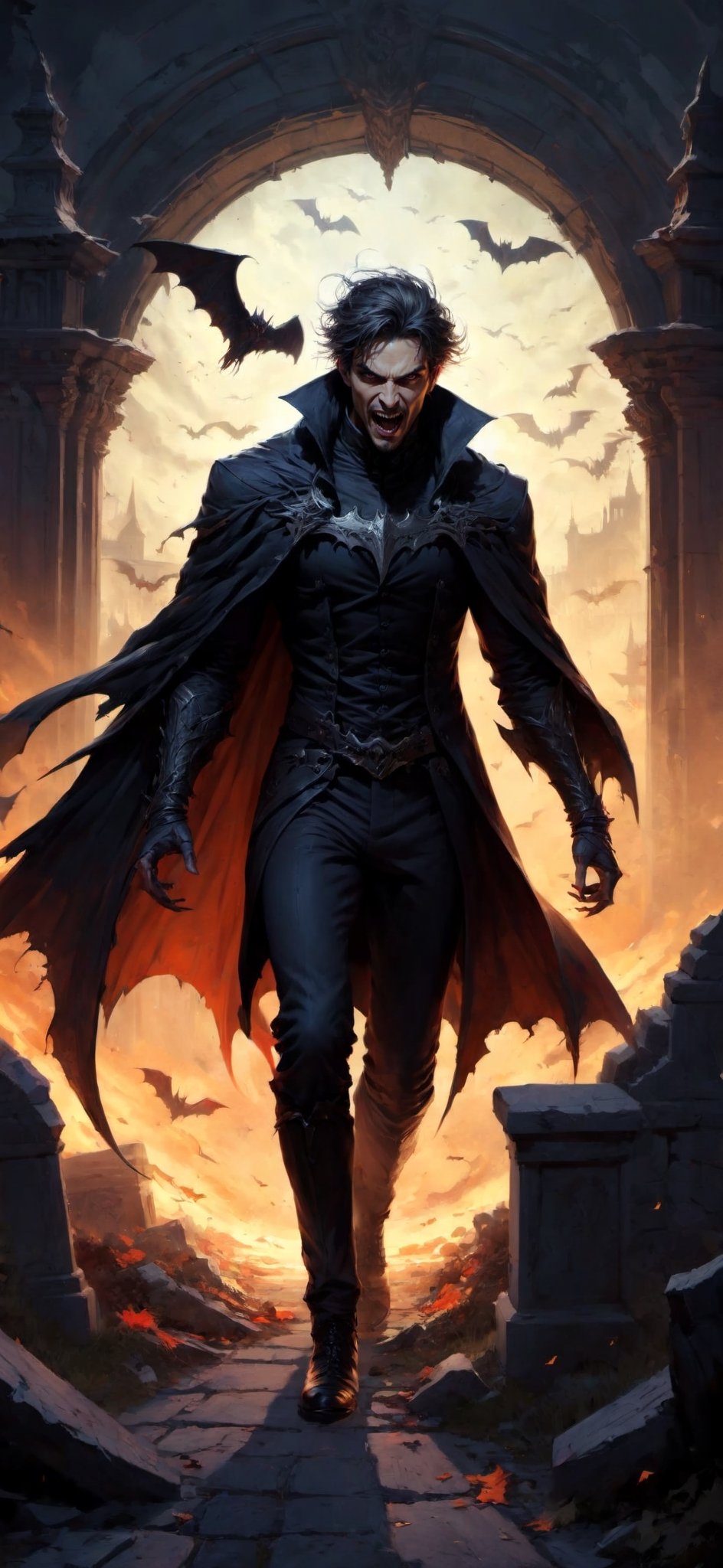 vampre, screaming with rage, (walking through graveyard), bats in background, sprinting, torn flesh, tattered clothes, fantasy magic, undercut hairstyle, dark light night, intricate, elegant, sharp focus, illustration, highly detailed, digital painting, concept art, matte, art by wlop and artgerm and greg rutkowski and alphonse mucha, masterpiece, monster, fangs, 